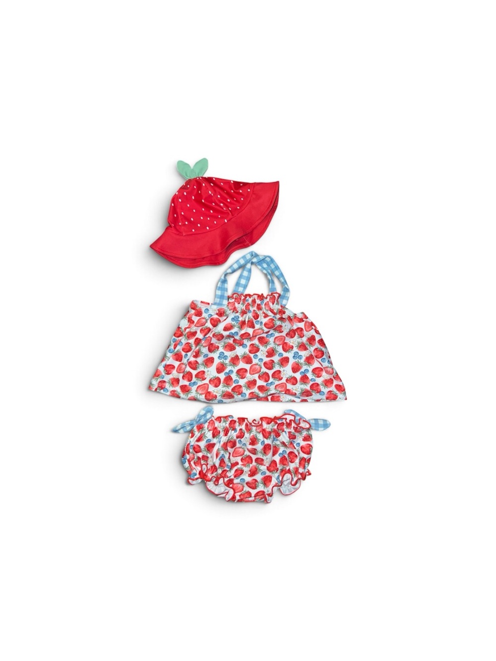 Mayoral Red Strawberry Print 3-Piece Swim Set with Blue Gingham Straps